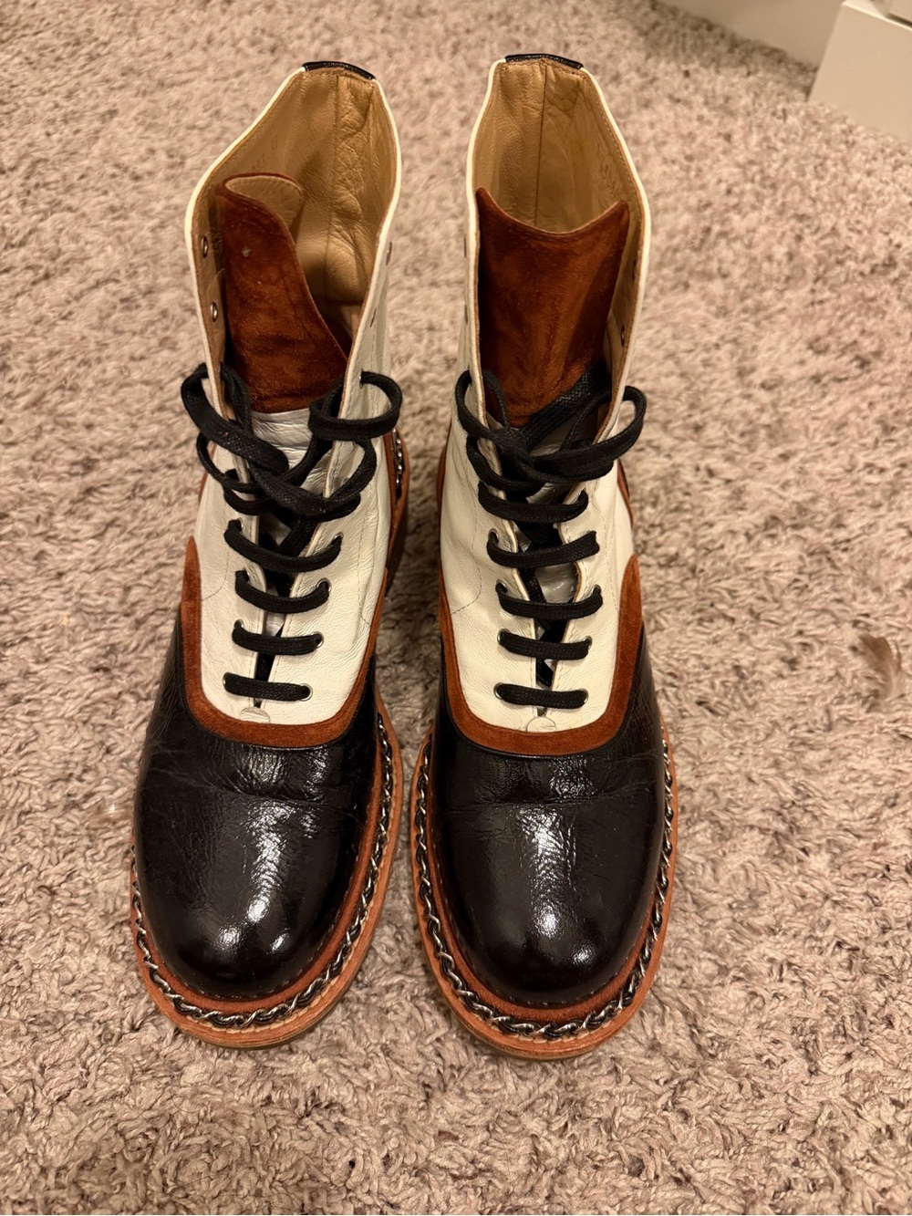 CHANEL Black White and Brown Leather Combat Boots